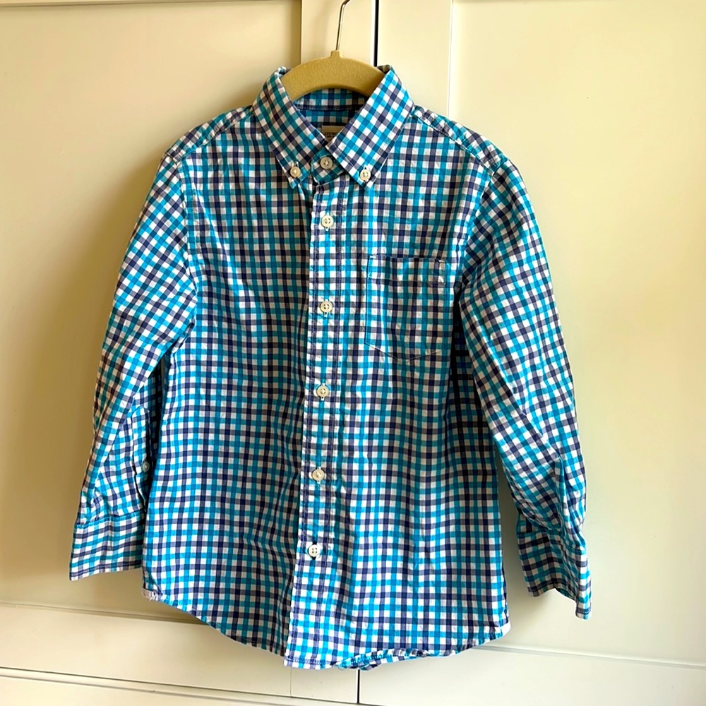 J.Crew Crewcuts Boys' Secret Wash shirt in blue gingham, size 4-5
